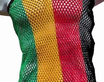 Rasta String Mesh Vest Fishnet Fitted Striped Black