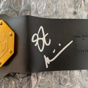 May include: A black leather championship belt with a gold octagonal plate featuring a basketball and the text "The School of Hoop Championship". The belt is signed in white ink with the name "Alex".