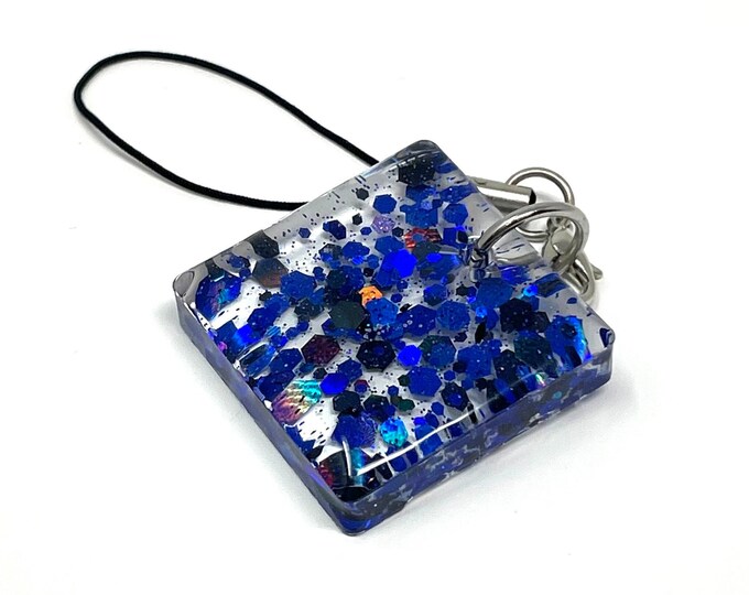 Holographic Blue Square Phone Charm Resin Phone Keychain Handmade