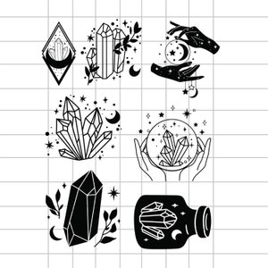 Może przedstawiać: Zestaw sześciu czarno-białych ilustracji przedstawiających kryształy, gwiazdy i księżyce. Ilustracje są w minimalistycznym stylu i idealnie nadają się do wykorzystania w różnych projektach kreatywnych.