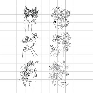 Może przedstawiać: Cztery czarno-białe rysunki kobiet z kwiatami we włosach. Kobiety są narysowane w minimalistycznym stylu z prostymi liniami i krzywymi. Kwiaty są narysowane w bardziej szczegółowym stylu z misternymi płatkami i liśćmi.