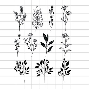 Może przedstawiać: Zestaw dziewięciu czarno-białych rysunków liniowych różnych wzorów kwiatowych i liściastych. Wzory są proste i eleganckie i idealnie nadają się do wykorzystania w różnych projektach kreatywnych.