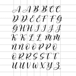 Może przedstawiać: Czarno-biały obraz alfabetu w pismem kursywnym. Każda litera jest napisana dwa razy.