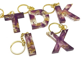 Purple Gold Leaf Keychain | Resin Keychain | Letter Keychain | Handmade Gifts