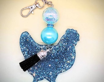 Teal Glitter Resin Chicken Beaded Keychain Gift for Her Mothers Day Easter Farmer Cute Keyring Fob Ready to Ship/RTS Personalize Custom