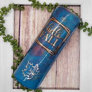 Hallo Herbst Blatt Glitter Becher Peek a boo Braun, Kupfer und Teal Bereit zu RTS 20oz Insulierte Edelstahl Epoxy Herbst Fallende Blätter Schiff