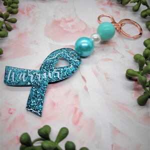 Teal Awareness Ribbon Key Chain Ovarian Cancer Warrior Keyring Survivor Personalize with Name Turquoise Ribbon Bubblegum Beads Gift Under 15