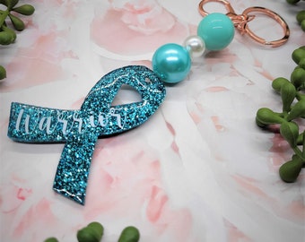 Teal Awareness Ribbon Key Chain Ovarian Cancer Warrior Keyring Survivor Personalize with Name Turquoise Ribbon Bubblegum Beads Gift Under 15
