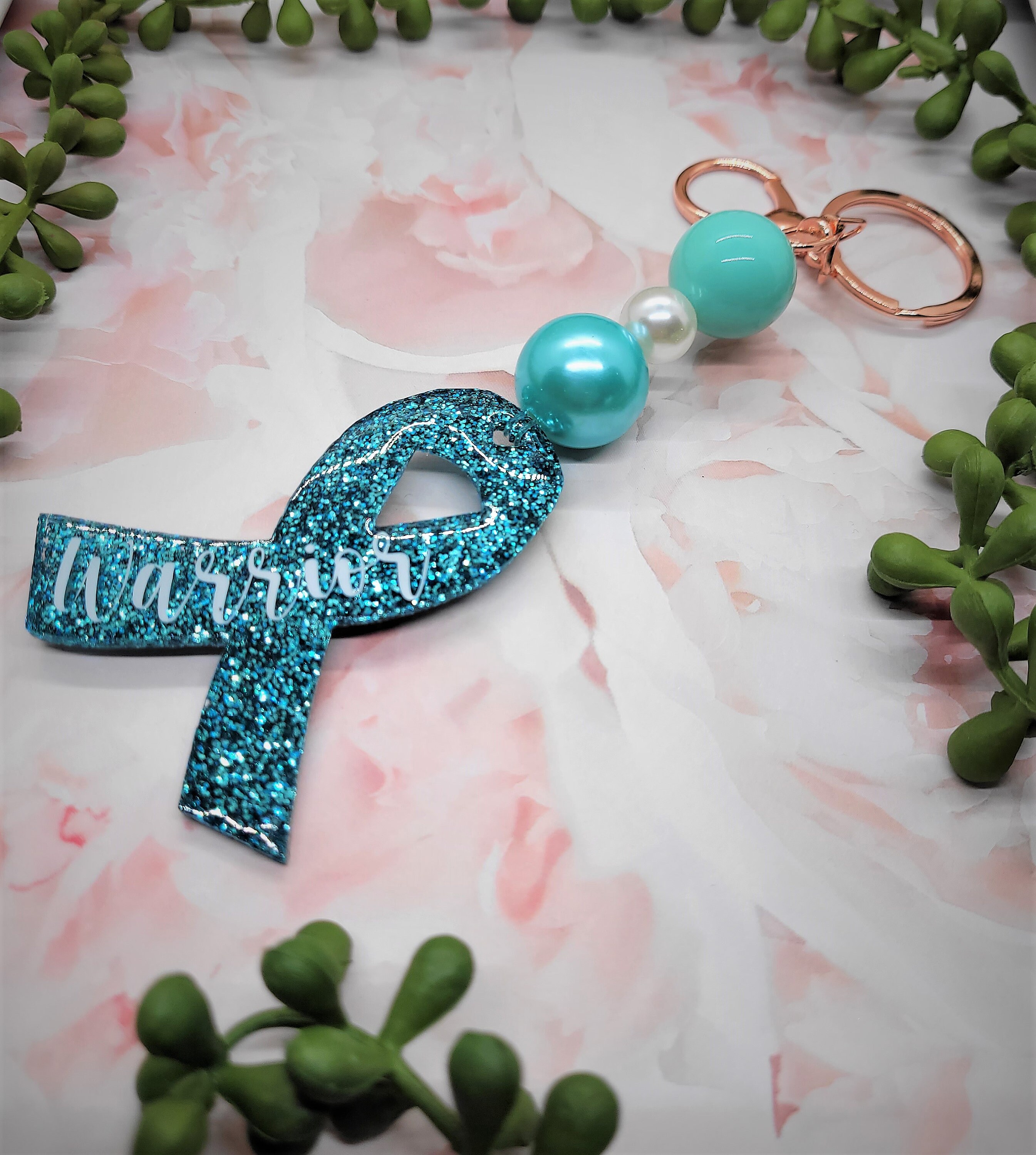 Teal & White Awareness Ribbon Keychain - Luxury Rhinestone Charm, Medium Size 1.14" X 0.59" - View #9