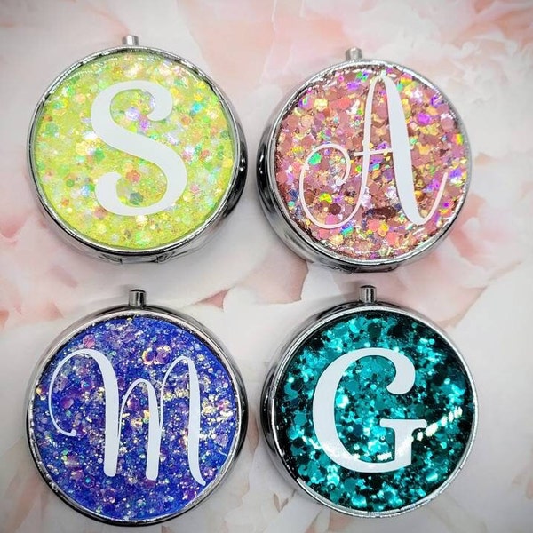 Glitter Pill Box Monogram Initial Small Purse Container Christmas Gift for Mom, Aunt, Teacher, Bridal Party, Bridesmaids, Birthday Friend