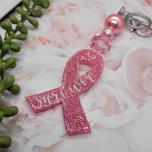 Awareness Ribbon Key Chain Breast Cancer Survivor Pink Ribbon, Bubblegum Beads, Lobster Clasp, Glitter Epoxy,Can Personalize,6&quot; Total Length