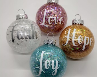 Faith, Hope, Love, Joy Glitter Christmas Ornaments- Words of Encouragement for your Tree With Super Sparkle Pastel Glitter