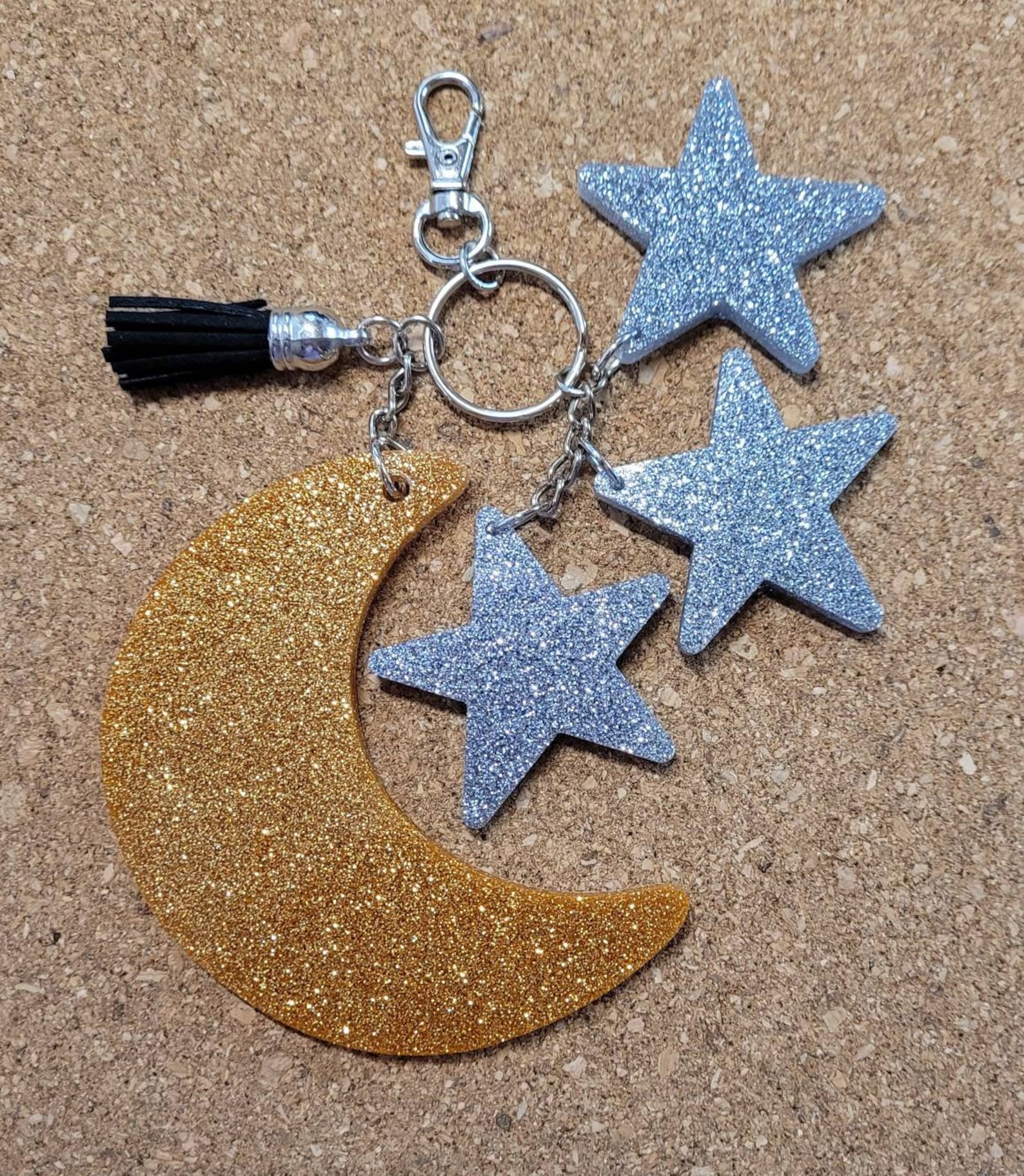 Moon and Stars Keychain Gold and Silver Glitter Love You To Etsy