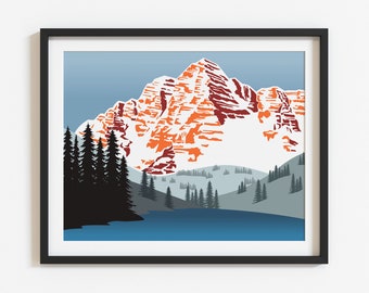 Maroon Bells Wall Art Print, Colorado Mountain Wall Art, Aspen Colorado Art, Minimalist Mountain Print, Modern Landscape Art