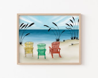 Beach Wall Art Print, Coastal Wall Art, Adirondack Chairs Beach Print, Ocean Decor, Beach House Decor, Colorful Coastal Art