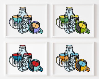 Coffee Mug Wall Art, Modern Kitchen Decor, Coffee Lover Gift, Colorful Still Life Print, Cafe  Wall Art, Minimalist Line Art
