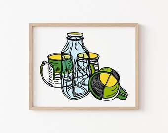 Green Kitchen Wall Art Print, Coffee Mug Still Life Print, Cozy Cafe Wall Decor, Colorful Kitchen Art, Coffee Lover Gift