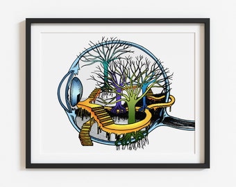 Surreal Eye Art Print, Tree of Life Illustration, Neuroscience Inspired Wall Art, Conceptual Nature Art, Colorful Anatomy Print