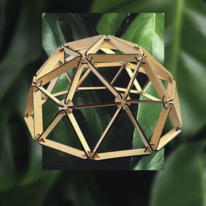 Op de afbeelding: Een geometrische houten koepelstructuur bestaande uit onderling verbonden driehoekige en rechthoekige stukken. Het lichte hout contrasteert met een donkergroene, bladerrijke achtergrond, wat een visueel contrast creëert. Het ontwerp van de koepel suggereert een decoratief of architecturaal element.