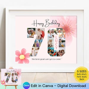 Plantilla de collage de fotos para 70 cumpleaños, letrero de feliz cumpleaños editable, descarga digital para decoraciones de fiesta de hitos, regalo personalizado, abuela, amiga