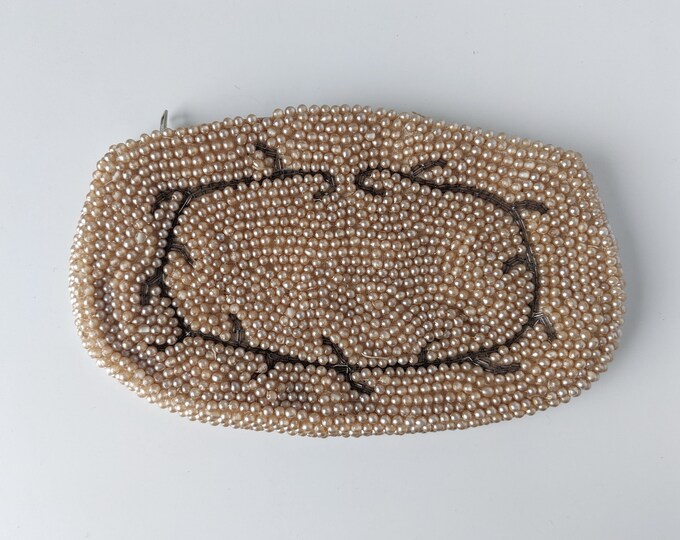 Faux Pearl Beaded Vintage Evening Purse - Classic Champagne Coloured Formal zippered Clutch Coin Purse - Flapper or Great Gatsby Gift