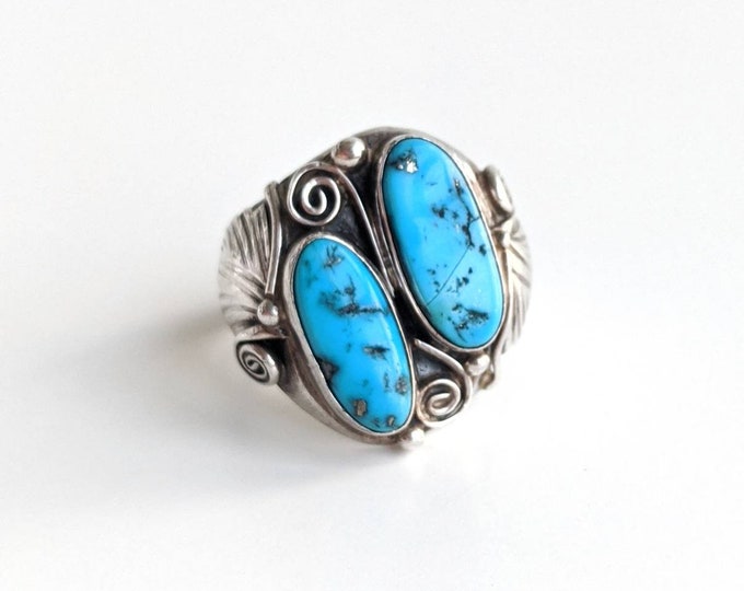 Turquoise and Sterling Silver Botanical Old Pawn Ring Size 13 - Bohemian Southwestern Men's Vintage Ring