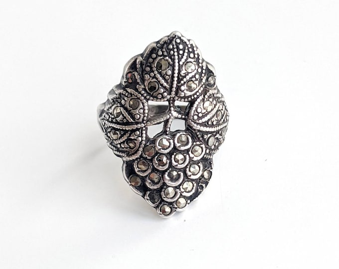 Art Nouveau Sterling Silver and Marcasite Botanical Ring Size 4.75 - Detailed Grapes and Grape Leaves - Vintage Oxidized Statement Ring