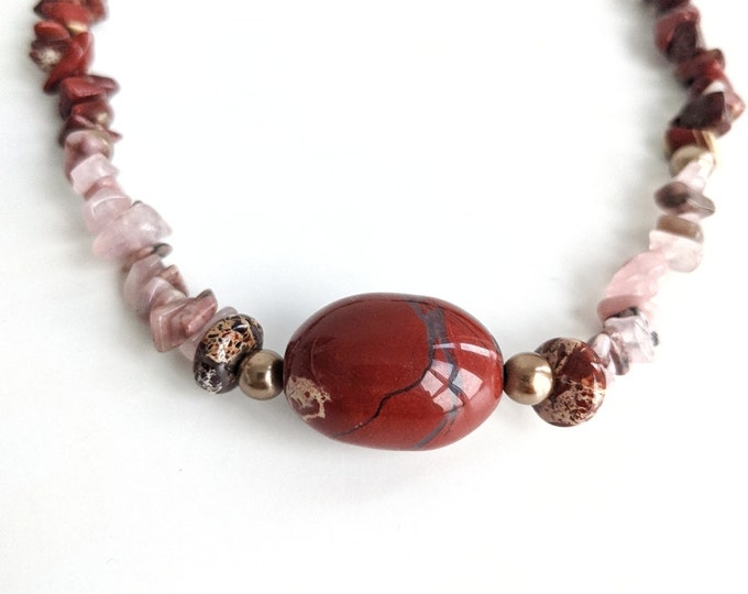 VTG Red Jasper and Rose Quartz Gold-tone Necklace