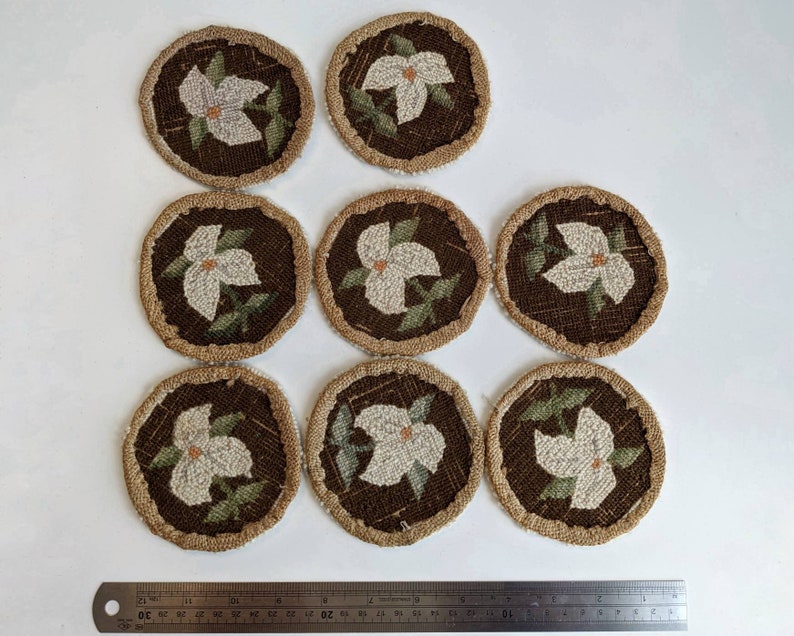 Shabby Chic Decor Vintage Needlework Embroidery Coasters Primitive Handmade Punchneedle Coasters with Floral Trillium Motif Set of 8