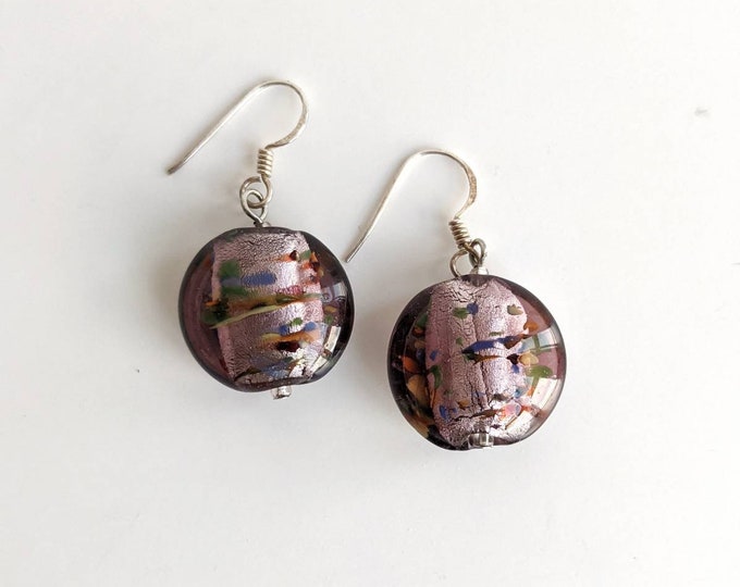 Pink Dichroic Glass Bead Dangle Earrings with Silver 925 Hooks