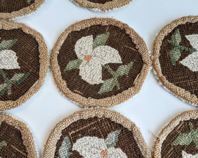Shabby Chic Decor Vintage Needlework Embroidery Coasters Primitive Handmade Punchneedle Coasters with Floral Trillium Motif Set of 8