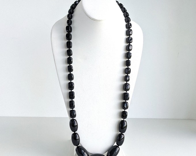 Obsidian Beads and Sterling Silver Clasp Graduated Hand-Knotted Beaded Necklace