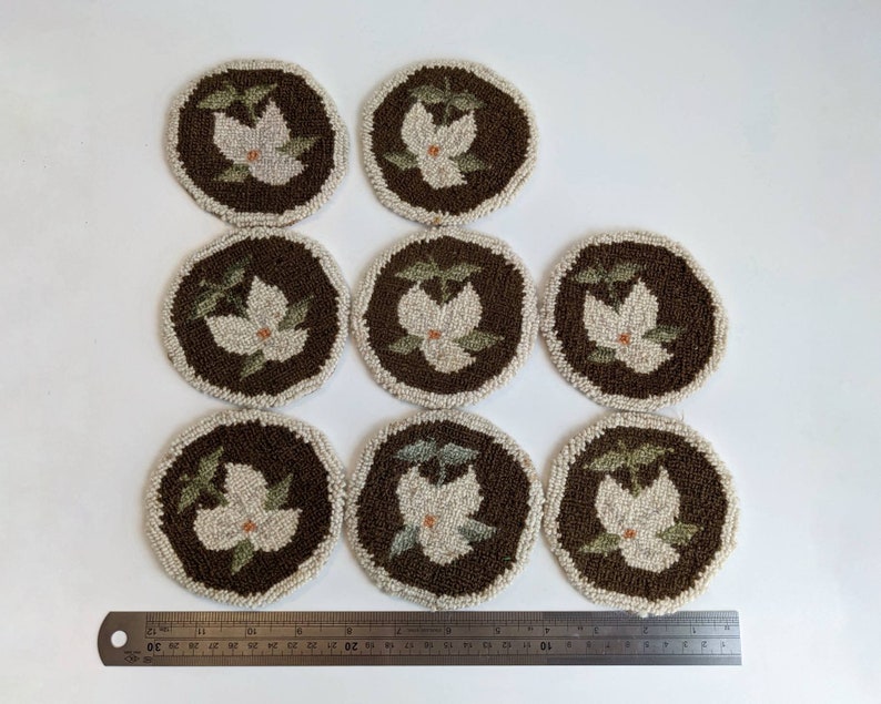 Shabby Chic Decor Vintage Needlework Embroidery Coasters Primitive Handmade Punchneedle Coasters with Floral Trillium Motif Set of 8