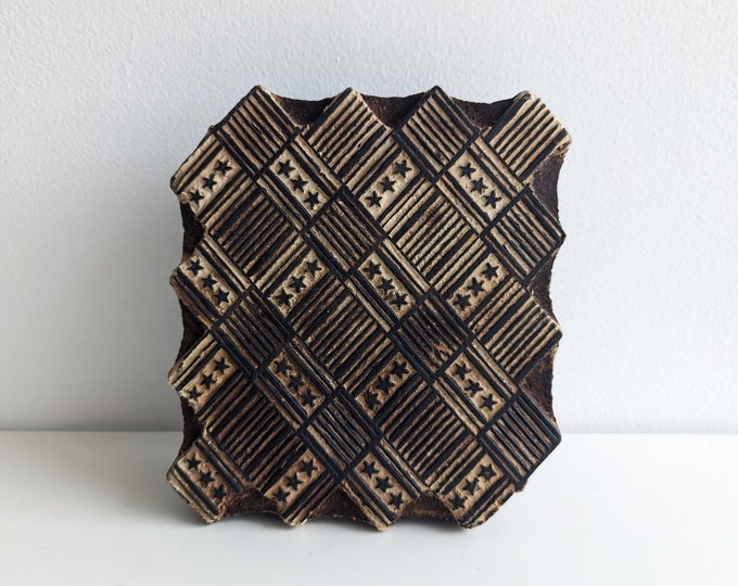 Stars and Stripes Hand Carved Wooden Fabric Stamp from India - Vintage Americana Block Stamp