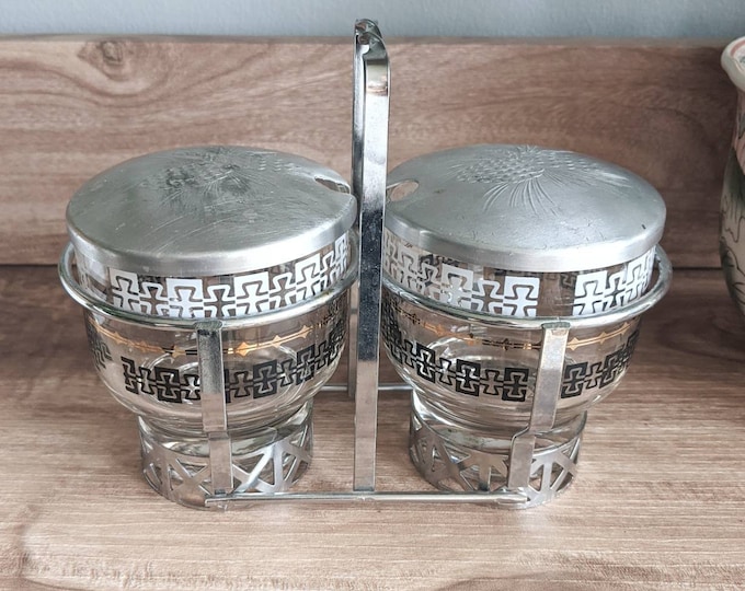 MCM Libby Condiment Caddy with Lids - Vintage Serveware Silver 2 Jar Cannister Set