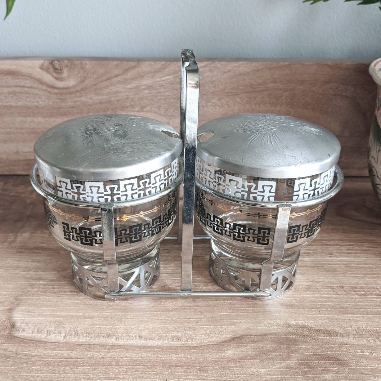 MCM Libby Condiment Caddy with Lids - Vintage Serveware Silver 2 Jar  Cannister Set