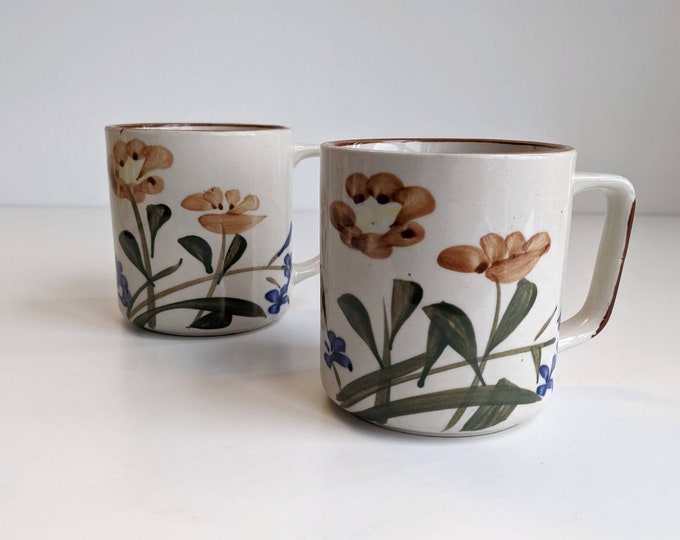 Hand Painted Vintage Floral Stoneware Mugs - Set of 2 Chi Kang style Tea cups