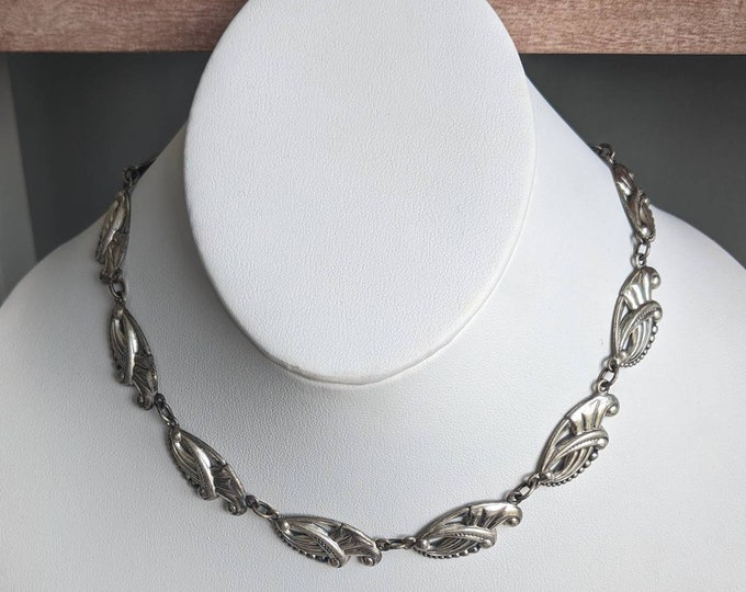 Art Deco Danecraft Sterling Necklace - Vintage Collar or Choker Neckline - Cornucopia panel link necklace