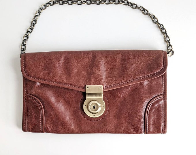 Via Spiga Small Brown Leather Shoulder Purse or Handbag with Brass Chain Strap and Faux Lock Clasp