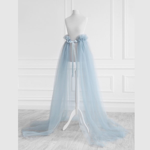 Jupe superposée en tulle bleu clair Jupe train de mariée bleue Surjupe amovible avec ceinture en satin Surjupe demi-tutu Jupe princesse féerique