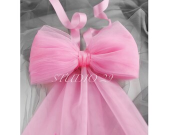 Pink large bow for wedding dress Detachable bow train Big tulle bow for dress Removable train with bow  Long Pink wedding bow belt