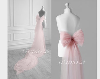 Big bow for wedding dress Bridal detachable bow train Light-pink bridal belt train Princess bridal tulle bow tail Bridal Removable bow train