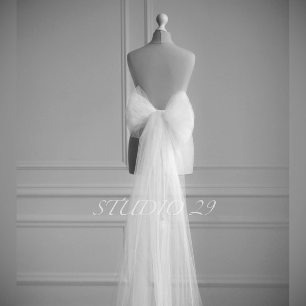 Wedding Detachable bow train Bridal Large tulle bow belt Half overskirt with bow Big bow for dress Long train with bow
