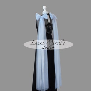 Light blue tulle bridal shoulder bow veil. Detachable bows for shoulders. Bridal Bow wings veil. Removable Bridal bow sleeves. Bow Cape veil