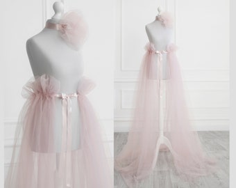 Blush bridal overlay skirt train Detachable wedding overskirt Light-pink tulle overskirt Sheer bridal skirt Wedding dress skirt