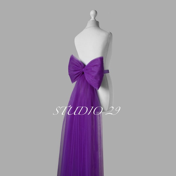 Royal purple bow train for wedding dress Deep purple bow belt Large purple tulle bow for bridal dress Violet Purple wedding dress bow