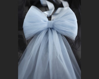 Großer blauer Schleifenzug für Hochzeitskleid, Braut-Tüll-Schleifengürtel, abnehmbarer Schleifenzug, himmelblaue Hochzeitskleid-Schleife, Brautzug mit Schleife