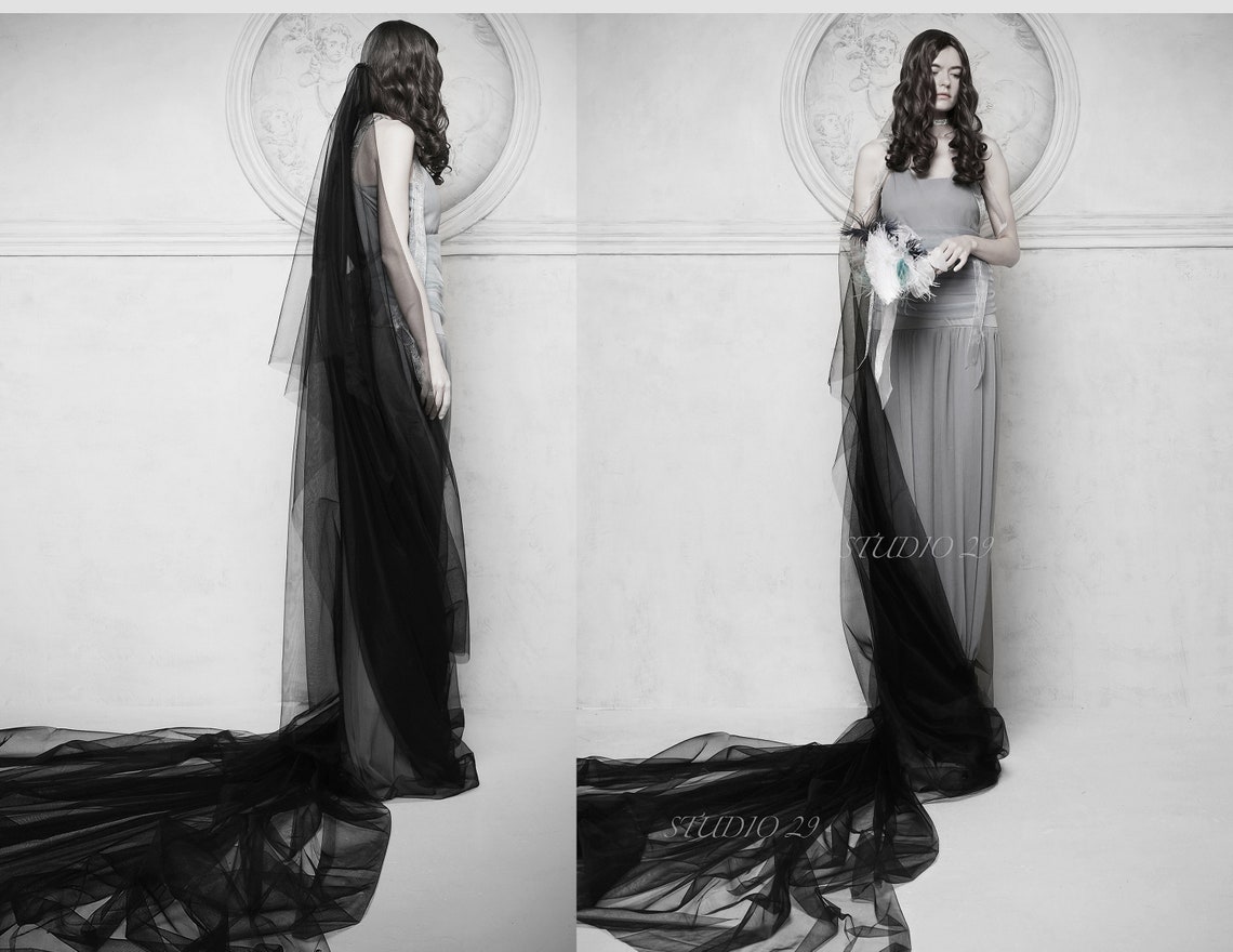 Black Bridal Veil Black Wedding Veil With Blusher Long Black Etsy