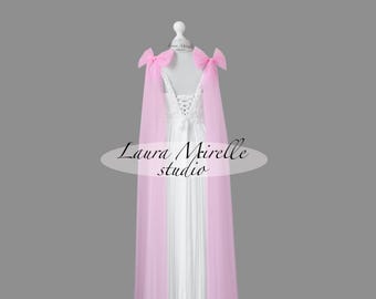 Mantello velo con fiocco rosa - lungo velo con ali e fiocco rosa