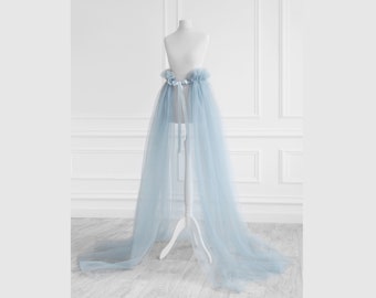 Light-blue bridesmaid skirt Detachable wedding overskirt with train Bridal tulle skirt Maxi floor tulle skirt Beach wedding Blue sheer skirt